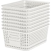Wrrlors White Plastic Storage Baskets - Pack of 8 with Labels Stackable Durable Storage Bins, Storage Containers for Organizing Desktops, Closets, Playrooms, Classrooms, Offices