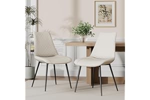 MECHYIN Dining Chairs, Beige Dining Room Chairs of Upholstery Leather, Mid Century Modern Kitchen Chairs with Stainless Base 
