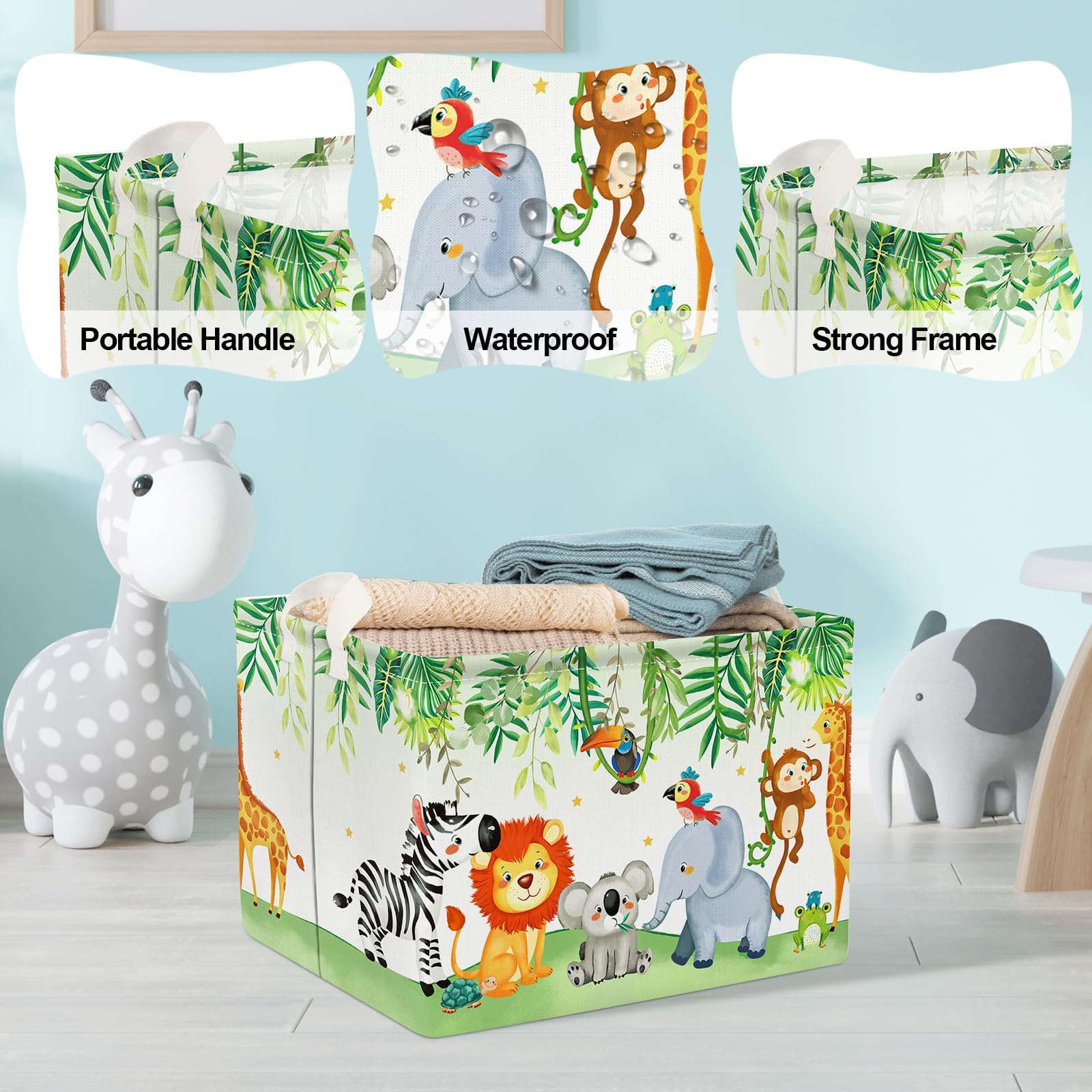 Clastyle Safari Animal Nursery Decor Kid Basket Rectangle Elephant Koala Monkey Storage Bin Collapsible Baby Clothes Toy Book Gift Basket