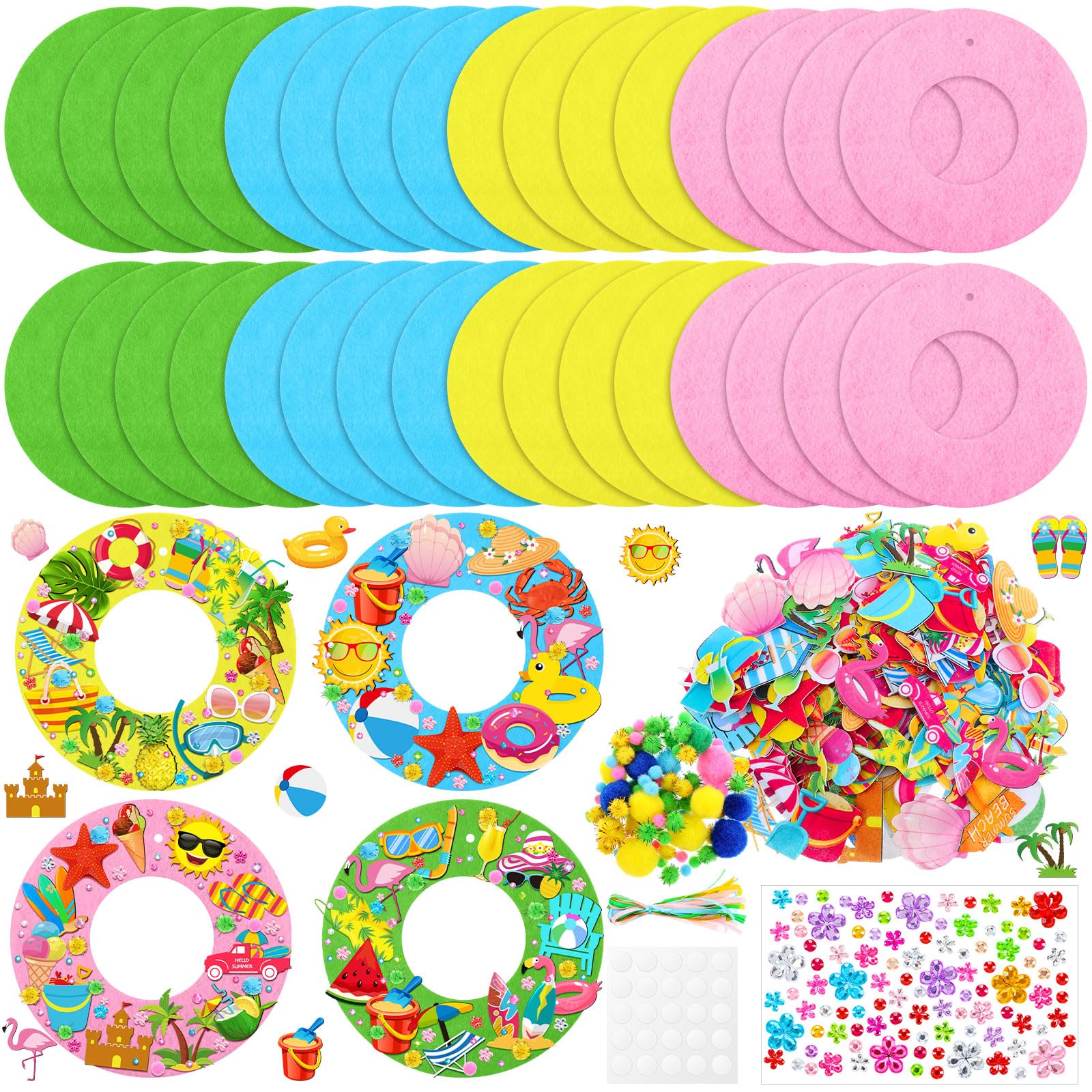 Photo 1 of 32 Sets Summer Hawaii Crafts Kits DIY Felt Wreath Making Kits Tropical Beach Crafts with Flamingo Palm Pineapple Watermelon Surfboard Stickers for Home Summer Party Decorations