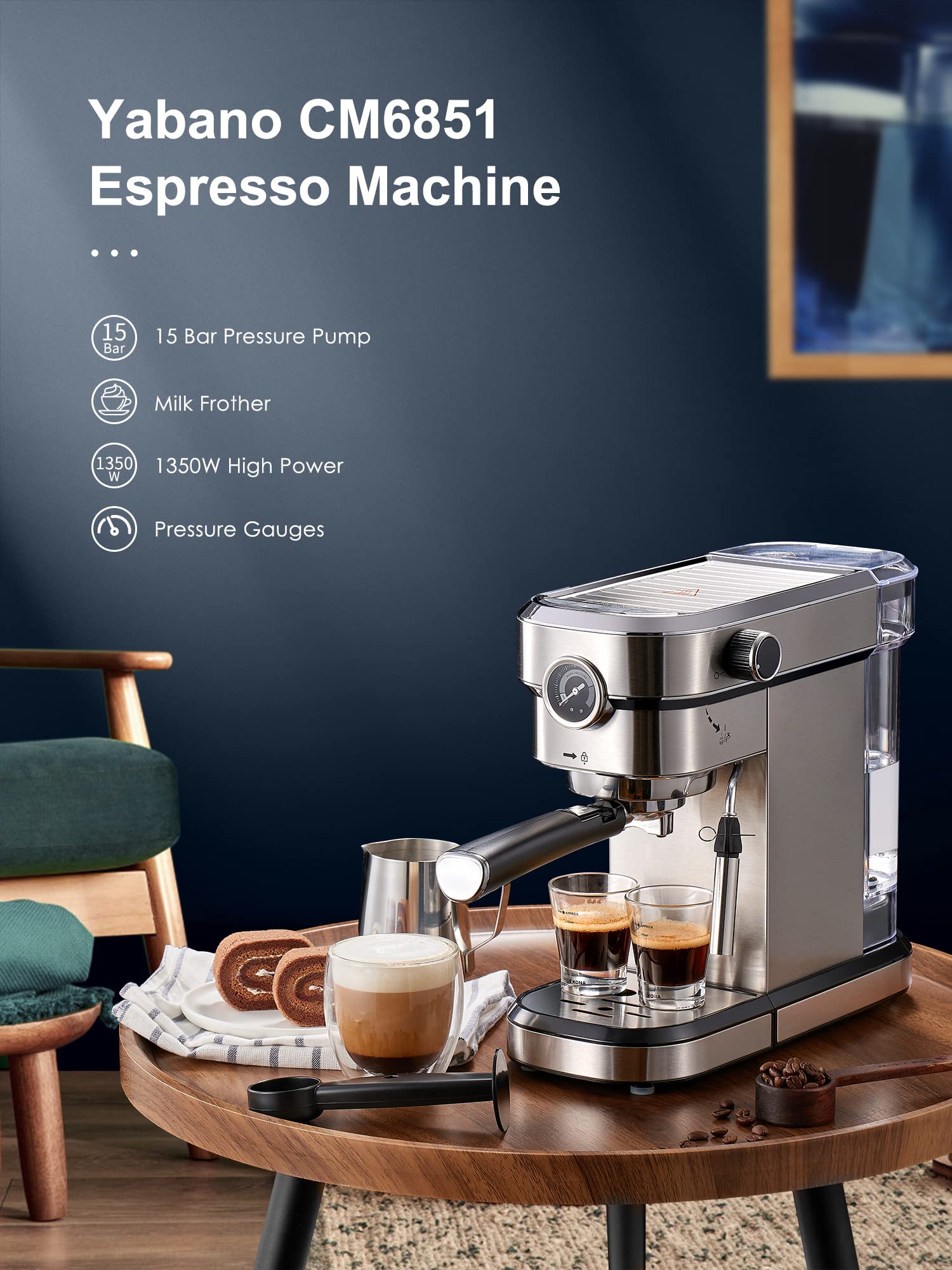 Yabano Espresso Machine, 15 Bar Fast Heating Espresso Coffee machine with Milk Frother Wand for Cappuccino, Large Water Tank, 1350W Automatic Espresso Latte Maker for Home