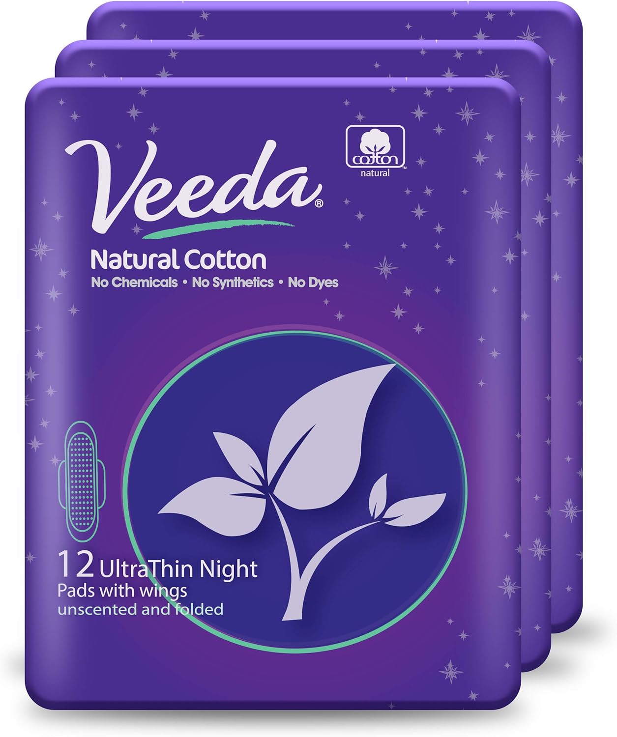 Veeda Ultra Thin Super Absorbent Night Pads Are Always Chlorine, Dye and Fragrance Free, Natural Cotton Sanitary Napkins,3 Packs of 12 Count Each: Health & Personal Care