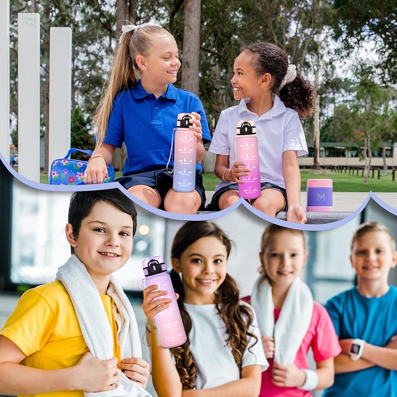 Botella de Agua, 500ml Botella Agua Niños, Cantimplora Infantil Reutilizable con Filtro, Fácil de Limpiar, Cantimplora con Marca de Tiempo, para la Adulto, Oficina, Camping, Deportiva, Gym, Running