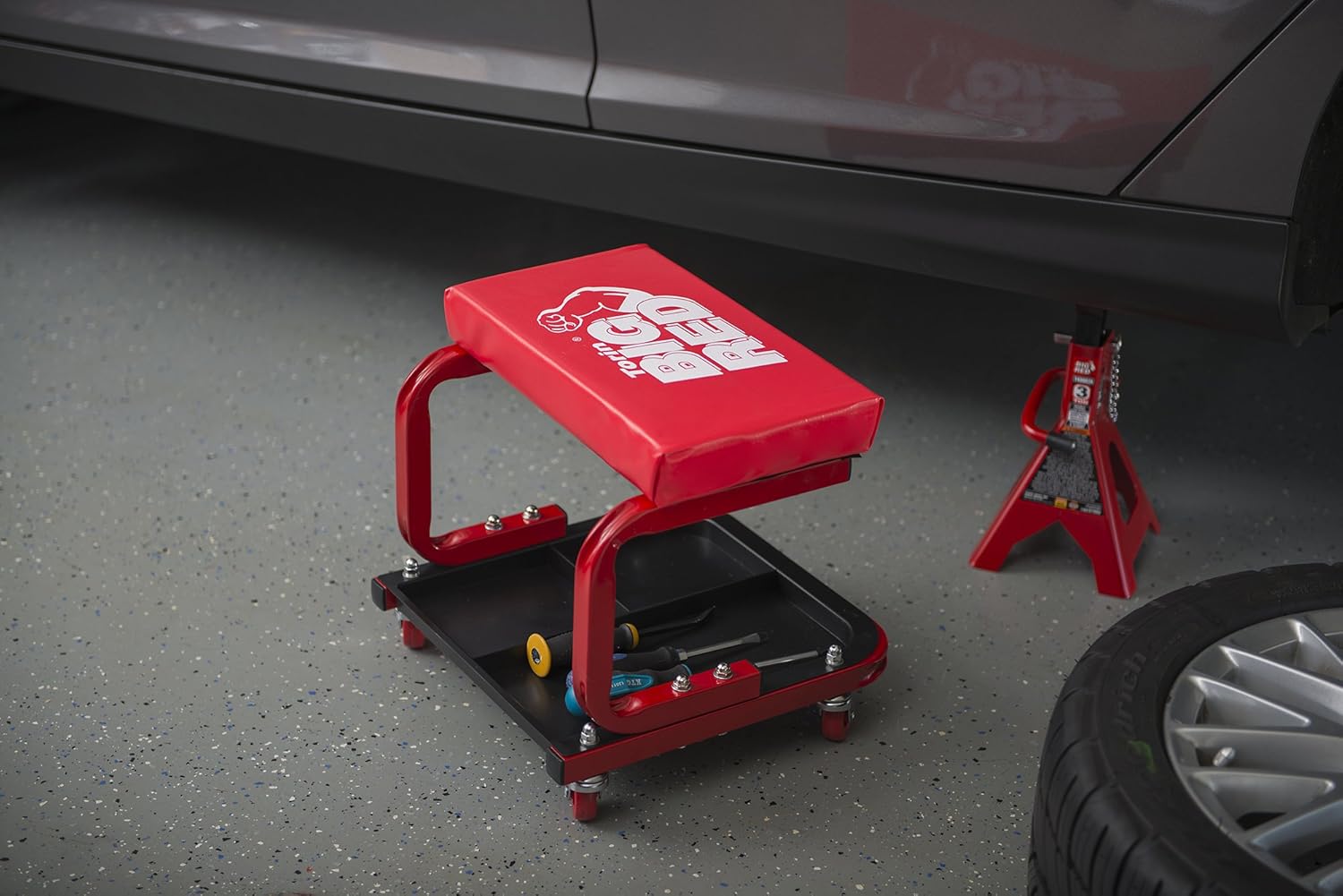 Torin TR6300 Red Rolling Creeper Garage/Shop Seat: Padded Mechanic Stool with Tool Tray: Automotive