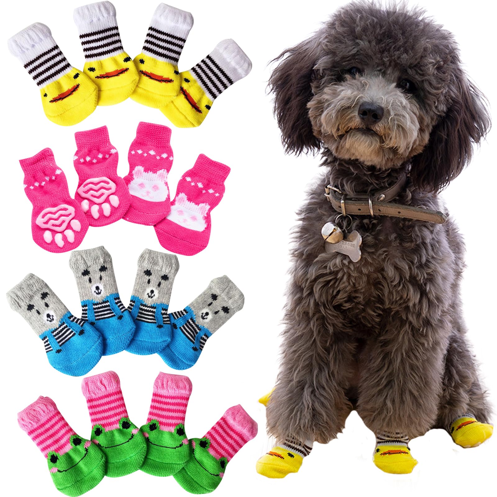 TYXHXTF 16 PCS Anti-Slip Dog Socks With Straps - Pet Paw Protector Shoes for Indoor Outdoor Wear Winter - Suitable for Small Dogs and Cats
