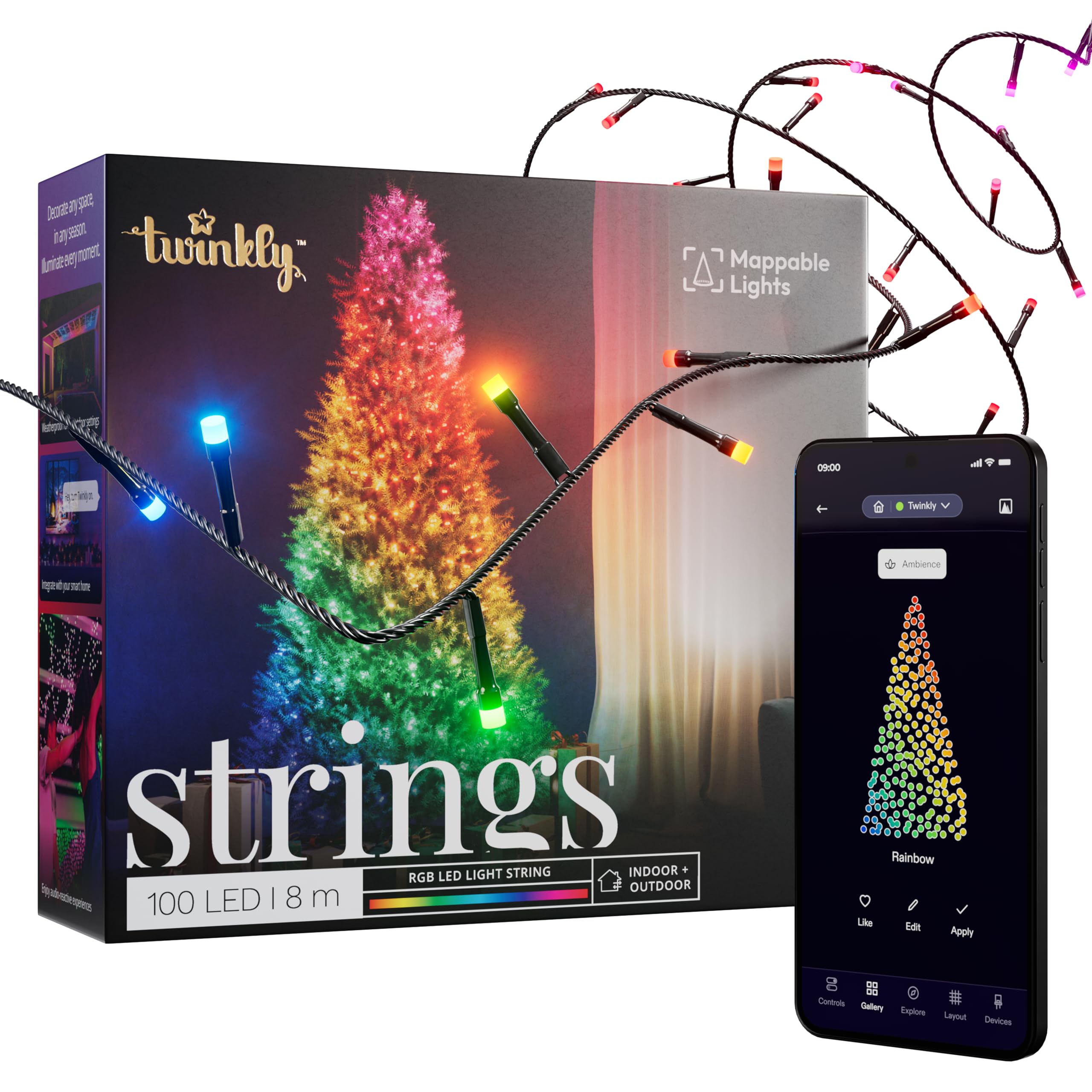 Twinkly Strings 100 LED RGB, LED Light String for in- and Outdoor, Christmas Lights, Smart LED Lights, Mappable LEDs, Compatible with Alexa and Google Home, IP44, Controlled by App, Black Wire, 8m — image 1