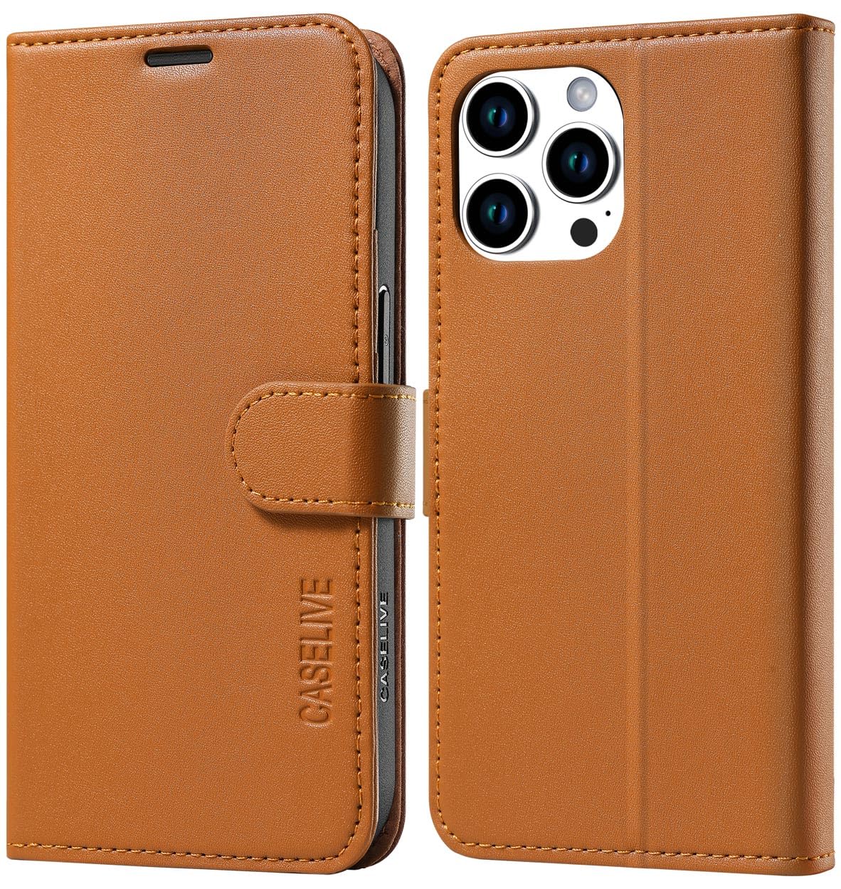 CASELIVE Wallet Case for iPhone 15 Pro Max, Genuine Leather Case with [Card Holder] [Screen Protector] [RFID Blocking][Shockproof TPU Inner Shell] Folio Cover for iPhone 15 Pro Max 6.7''(Brown) — image 1