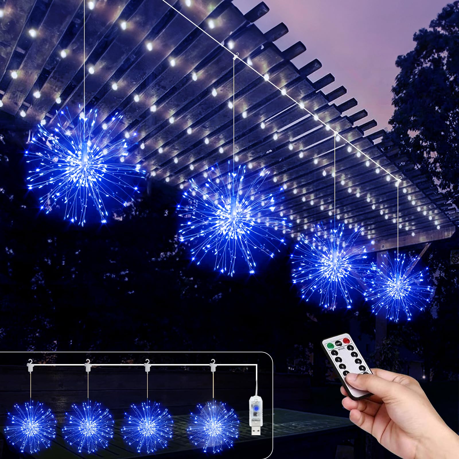 Christmas Lights Firework Fairy Lights 4Pack Hanging USB Firework Lights 480 LEDs 8 Modes Starburst Sphere Lights Waterproof Copper Wire Lights with Remote for Home Party Xmas Decorations