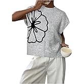 SOLY HUX Women's Short Sleeve Sweater 3D Floral Sweaters Pullover Tank Tops Knit Vest Trendy Fashion Clothing Light Grey Floral Small