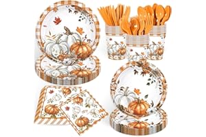 GRABNGOPARTY 168PCS Fall Pumpkin Party Supplies for Birthday Baby Shower Autumn Watercolor Pumpkin Floral Party Decorations Thanksgiving Harvest Plates Cups Napkins Tableware for Bridal Shower 24 Guests