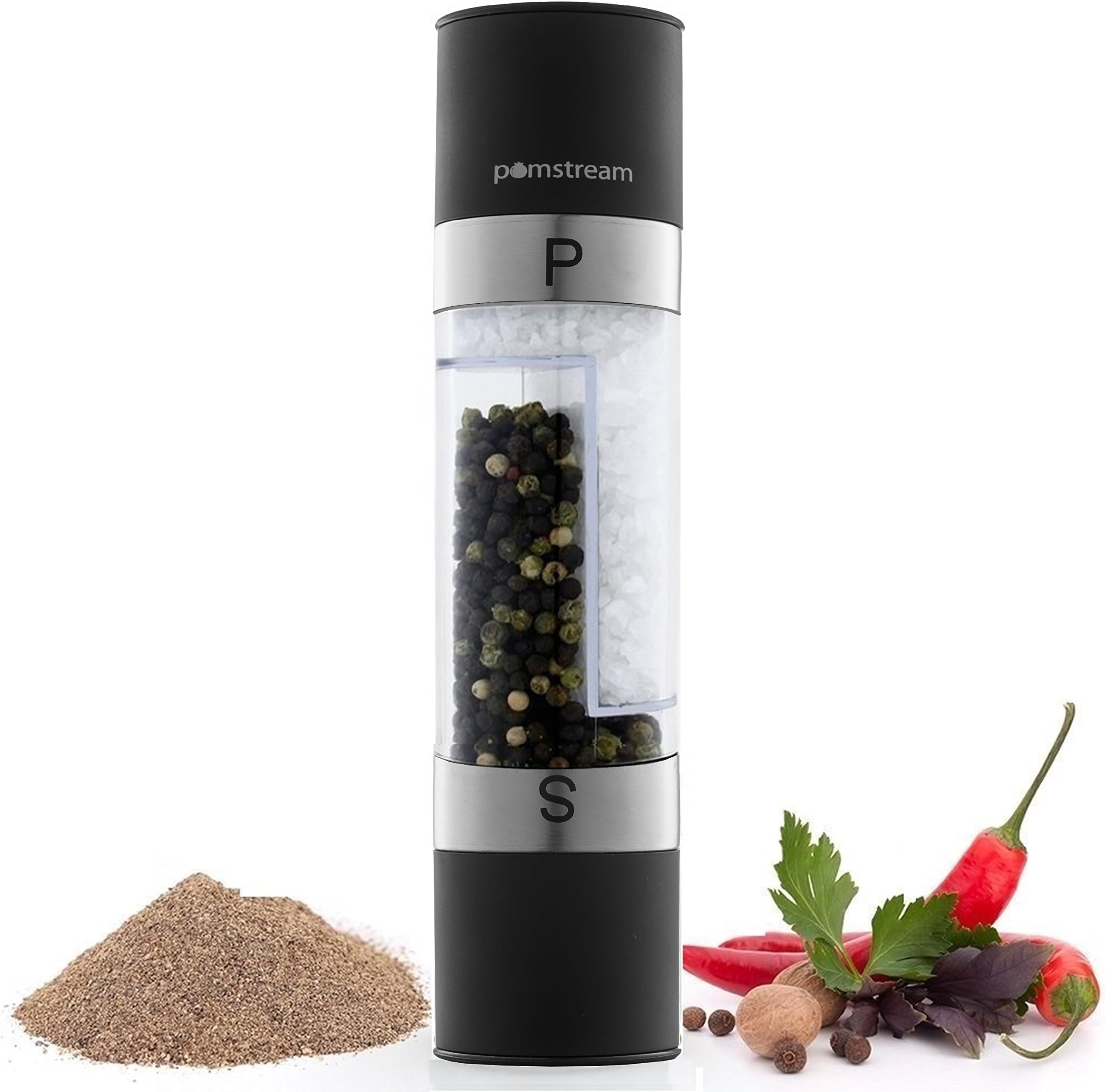 Salt & Pepper Grinder, PomStream 2 in 1 Dual Salt & Pepper Grinder (Black)