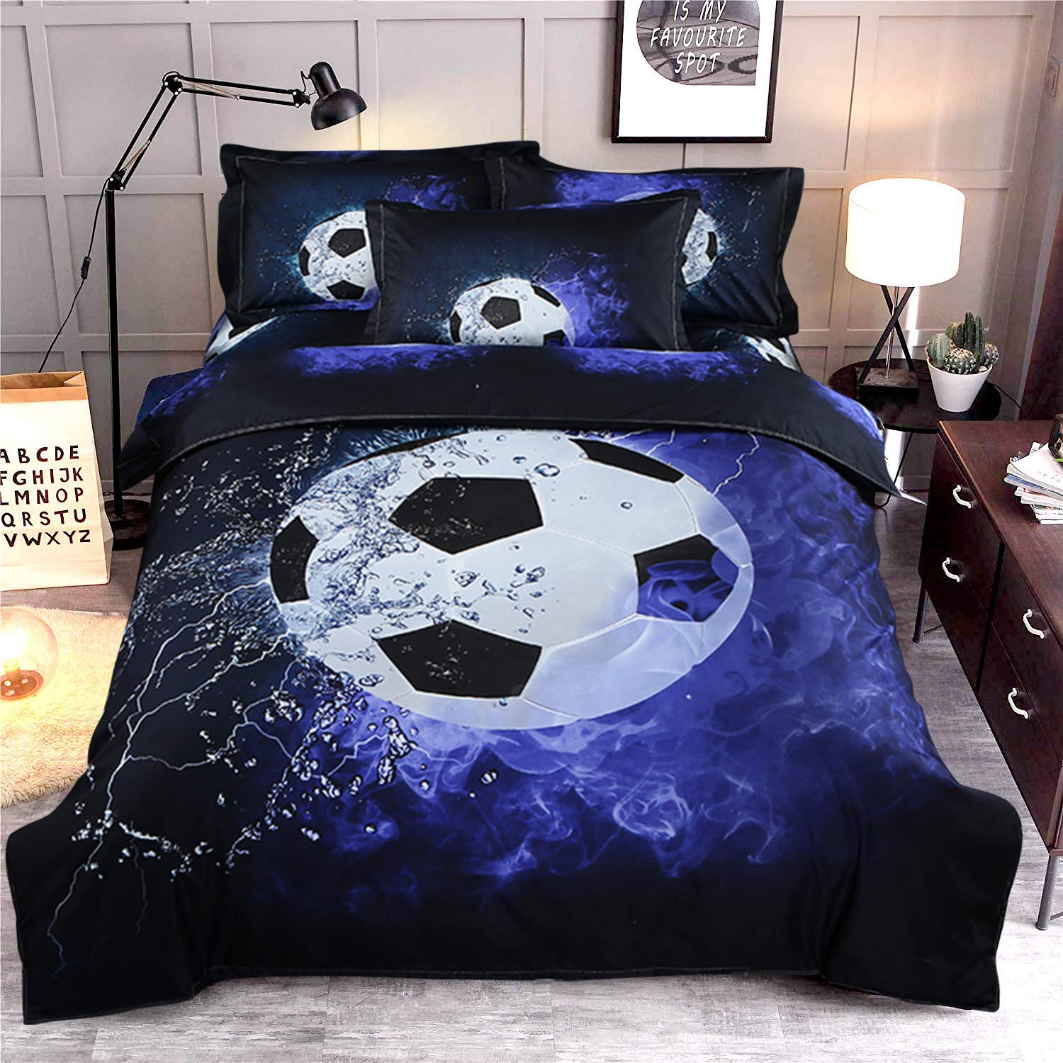 3D Printed Football Sport Bedding Set with 1 Pillowcase,Blue Flame and Ice soccer Duvet Cover with Zipper Closure,Soft Microfiber Quilt Cover Single135 x 200cm — image 1