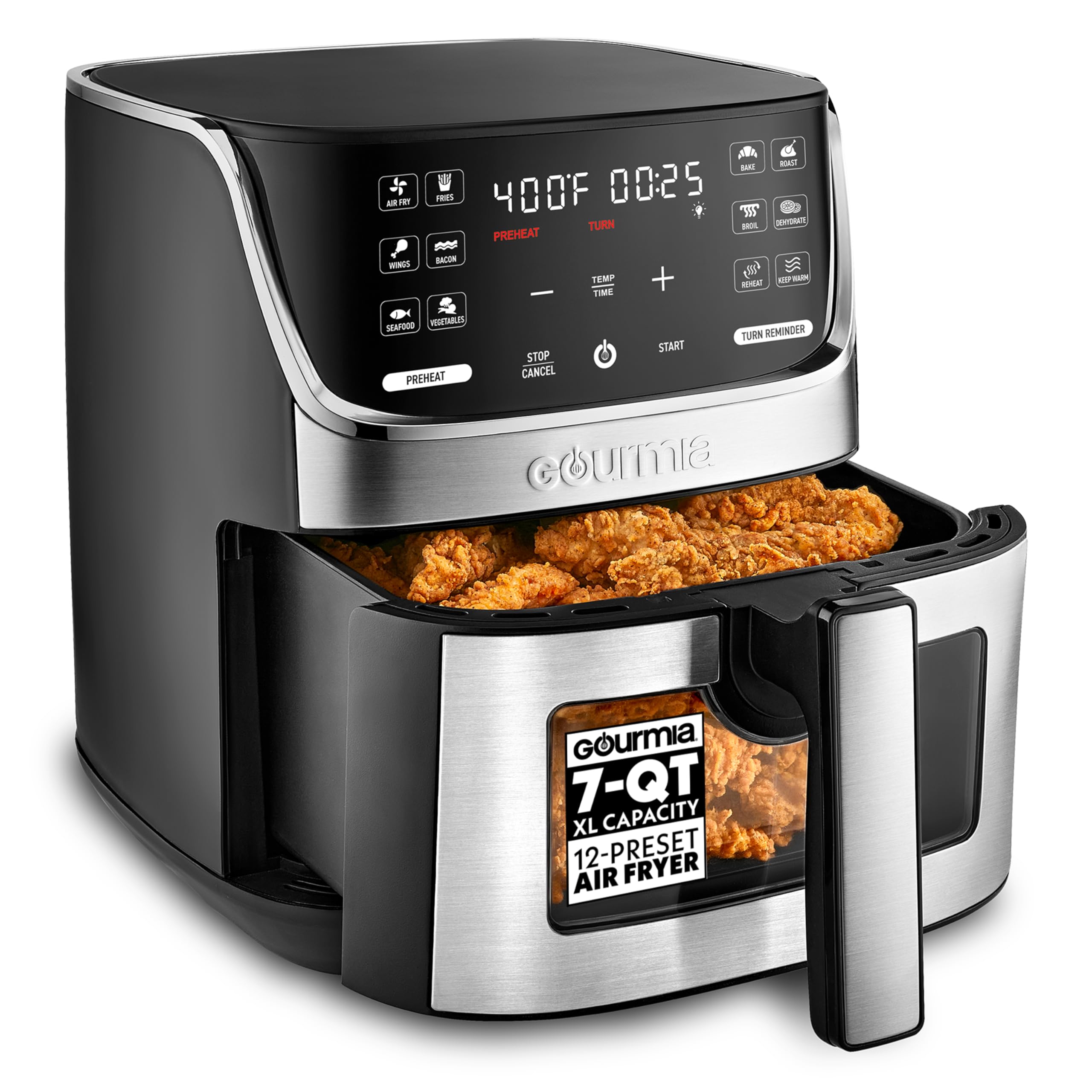 Gourmia Air Fryer - 7 Qt Large Capacity with LED Display, 12 One-Touch Presets, FryForce 360° Technology, Nonstick Dishwasher-Safe Basket & Crisper Tray, Stainless Steel Image