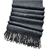 Cashmere Boutique Premium Lambs Wool Winter Scarf, Gray, Soft Warm with Fringe Design, 12 x 70 Inches, for Men and Women