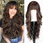 HAIRCUBE Brown Wig with Bangs for Women Brown and Blonde Long Wavy Hair Wig Wig Curly Wavy Synthetic Wigs for Girls Daily Party Use