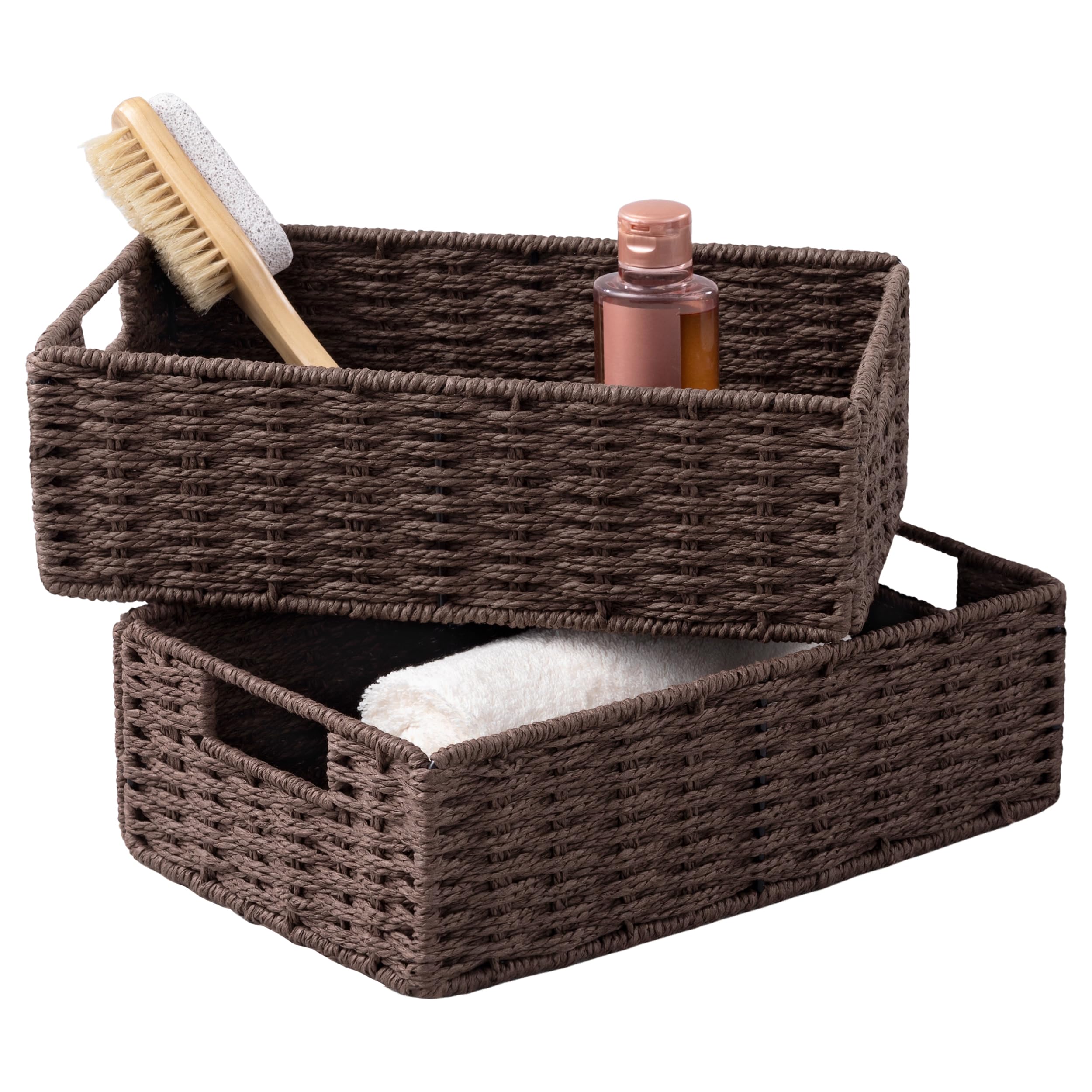 UBBCARE 2 Pack Wicker Basket, 11.5L×7.5H×3.5W inch Woven Paper Rope Storage Baskets for shelves, Foldable Rectangular Storage Baskets with Handle, Storage Basket for Organizing, Dark Brown