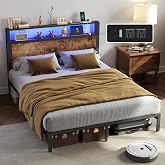 RVONOW Full Size Bed Frame with 2-Tier Storage Headboard, Vintage Brown | Wooden headboard with LED lights, built-in charging station, No Box Spring Needed, Noise Free, Easy Assembly, Modern Bedroom