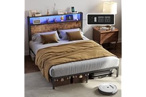 RVONOW Full Size Bed Frame with Headboard, Metal Platform Bed Frame with LED Lights & Charging Station, Under Bed Storage, Solid and Stable, No Box Spring Needed, Noise Free, Easy Assembly, Vintage Brown