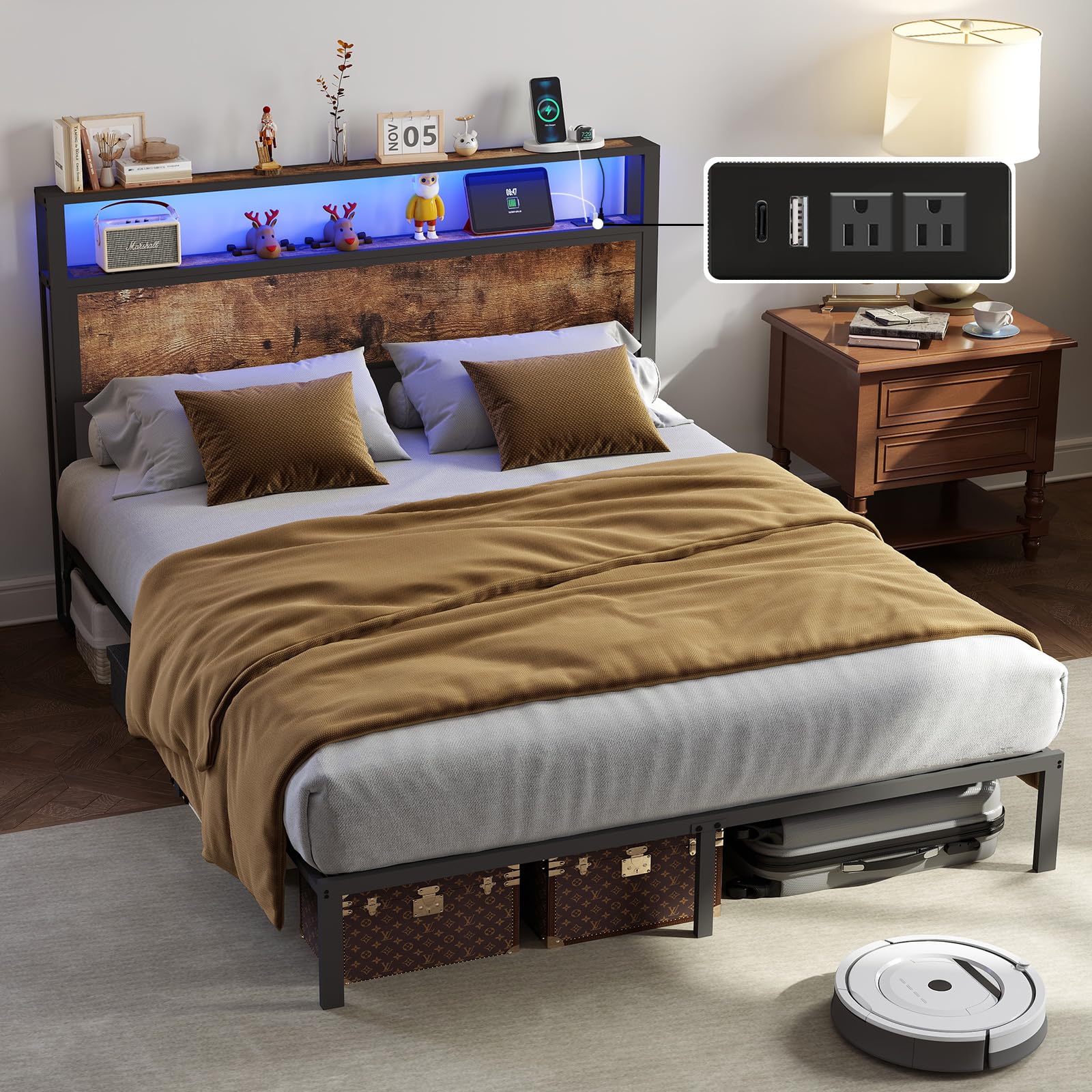Full Size Bed Frame with Headboard, Metal Platform Bed Frame with LED Lights & Charging Station, Under Bed Storage, Solid and Stable, No Box Spring Needed, Noise Free, Easy Assembly, Vintage Brown