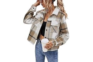 Binshre Womens Cropped Plaid Shacket Flannel Long Sleeve Button Down Jackets Coat for Women
