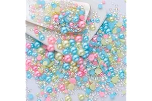 MYYKO 60g Cyan Citrine Pearl Rhinestones for Crafts Mixed Size 3mm-10mm AB Color Round Half Pearls Flatback Pearl Beads and Resin Rhinestones Set for Face Art with Glue