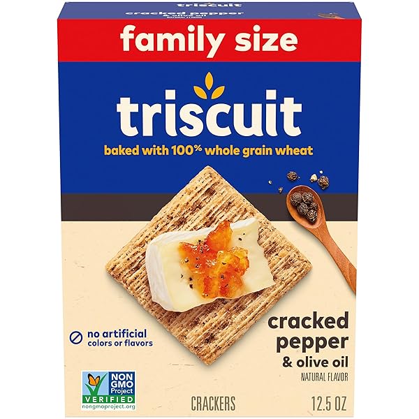 TRISCUIT CRACKED PEPPER & OLIVE OIL WHOLE GRAIN WHEAT CRACKERS, LUNCH SNACKS, SNACK CRACKERS, FAMILY SIZE, 12.5 OZ