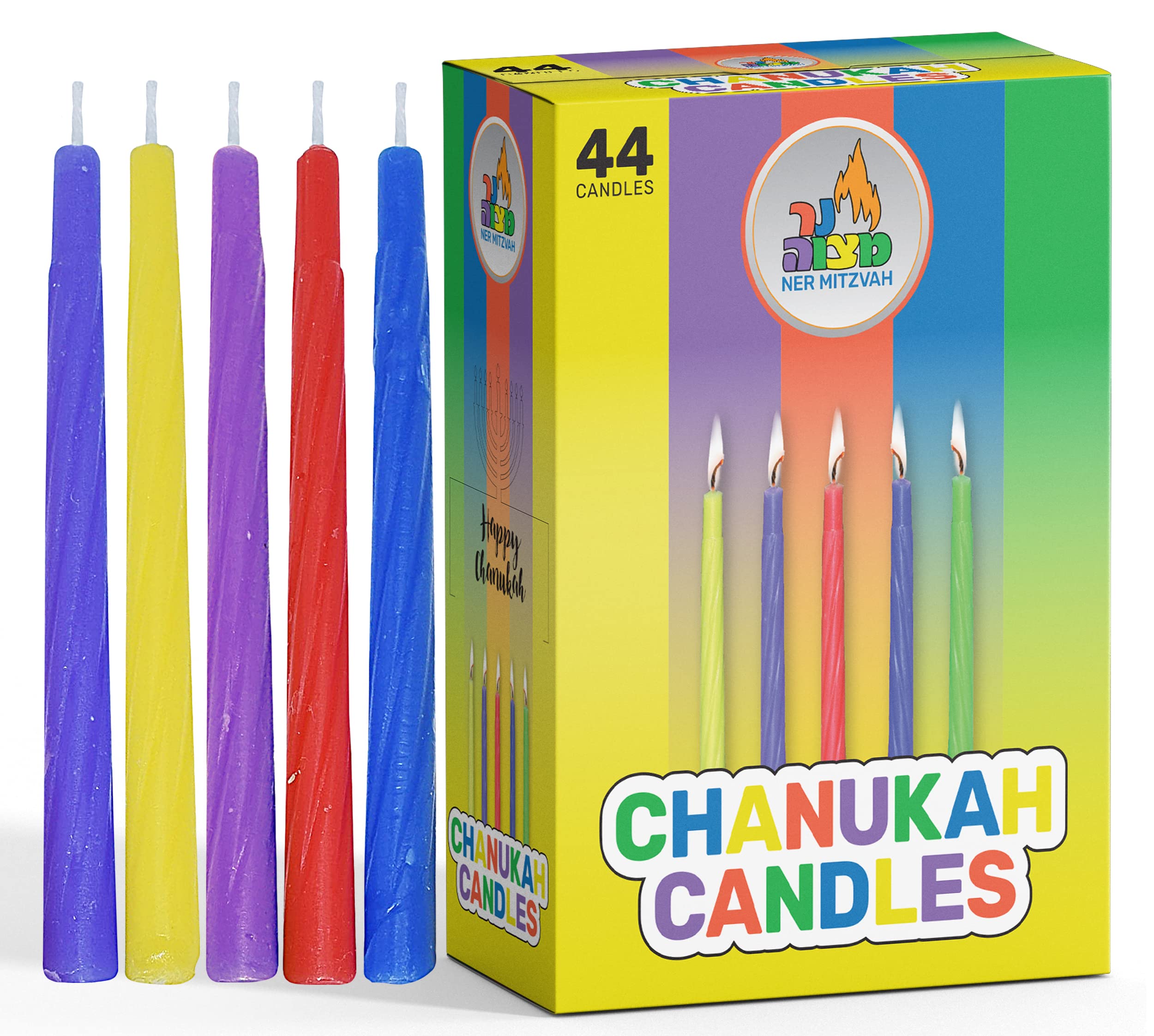 Colorful Chanukah Candles - Standard Size Hanukkah Candles - Premium Quality Wax - Assorted Colors - 44 Count for All 8 Nights of Hanukkah - by Ner Mitzvah