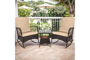 CHABATREE 3 pcs Rocking Bistro Set Conversation Chairs PE Wicker Outdoor Rocking Chairs(Rocking Set,Khaki)
