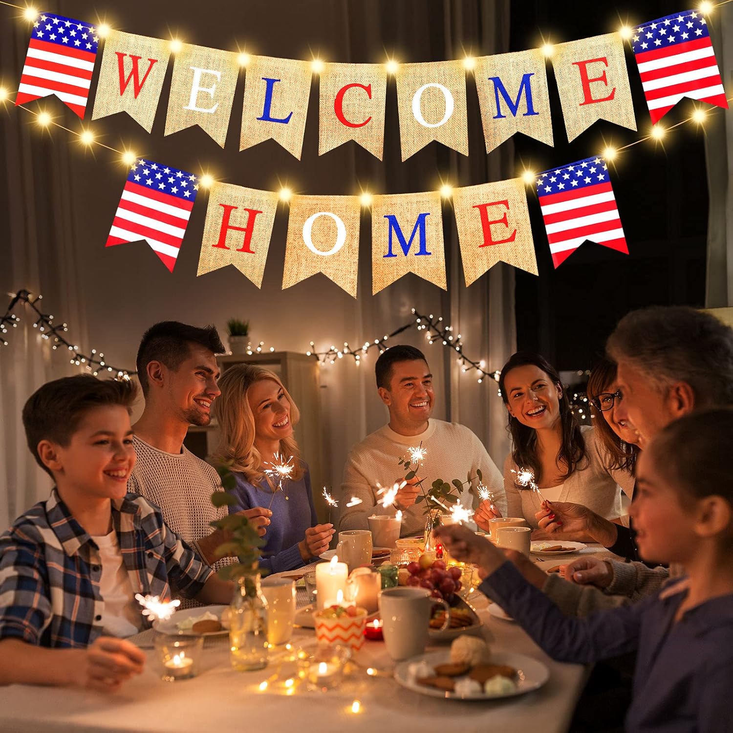 Welcome Home Banner with LED Fairy String Light 2 Flicker Mode, Patriotic Banner Bunting Welcome Home Banner for Housewarming Patriotic Military Decoration Family Party Supplies, Photo Booth Props 