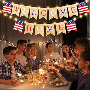 Welcome Home Banner with LED Fairy String Light 2 Flicker Mode, Patriotic Banner Bunting Welcome Home Banner for Housewarming Patriotic Military Decoration Family Party Supplies, Photo Booth Props 