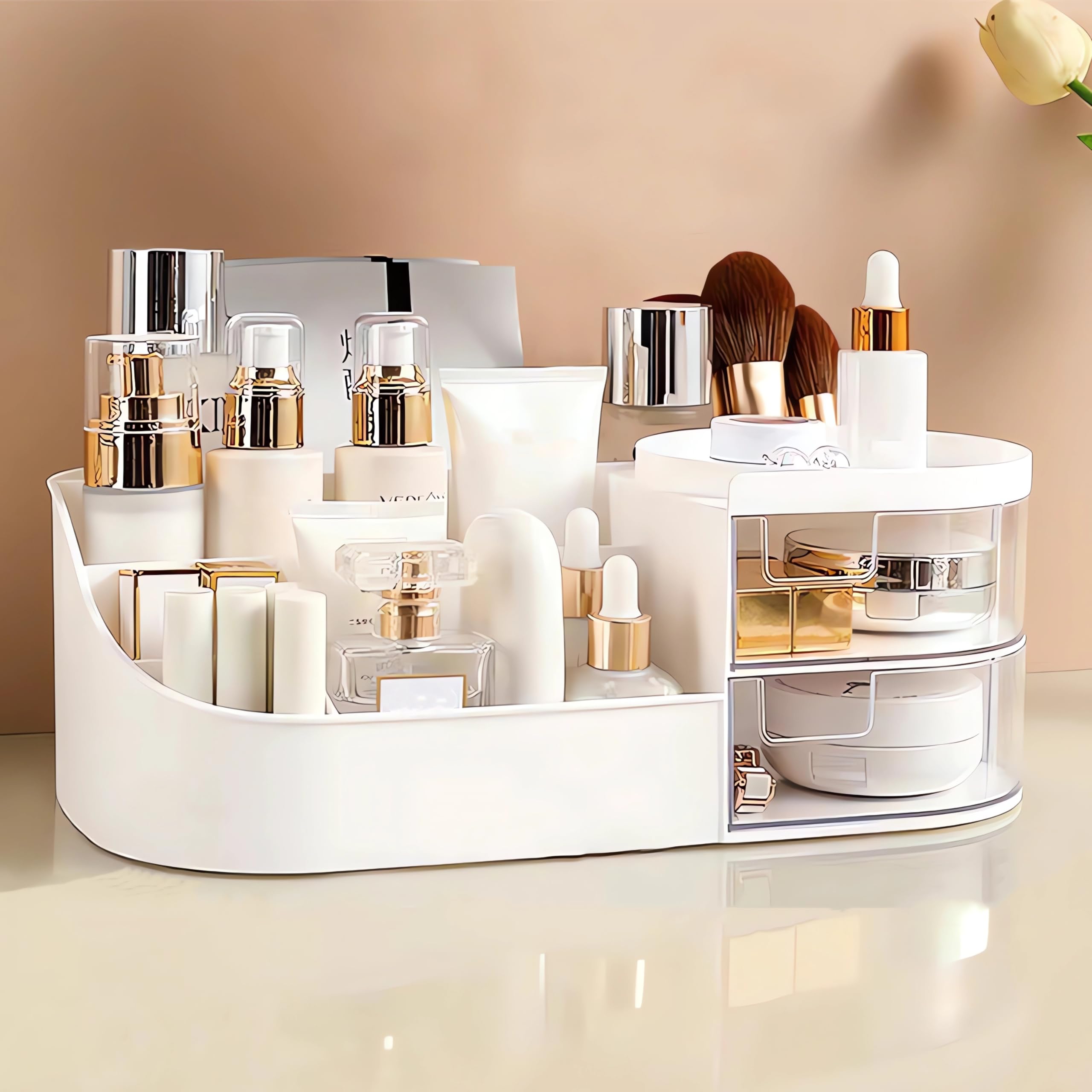 JIOUHM Makeup Organiser Storage for Vanity, Drawer Cosmetic Organiser, Multi-purpose bathroom storage organiser, Vanity Organizer with 2 Drawers for Dressing Table, Bedroom and Bathroom Countertop