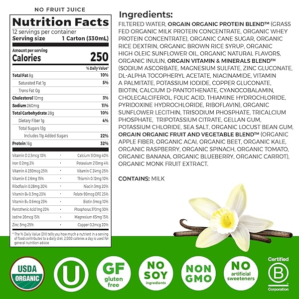 ORGAIN ORGANIC NUTRITIONAL SHAKE, VANILLA BEAN – MEAL REPLACEMENT, 16G PROTEIN, 20 VITAMINS & MINERALS, GLUTEN FREE, SOY FREE, KOSHER, NON-GMO, 11 OUNCE, 12 COUNT (PACKAGING MAY VARY)