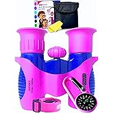 Kids Binoculars Pink 8x21 Shockproof Ages 3–12 with Case, Neck Strap, Compass & Carabiner | High Resolution Optics for Birdwatching, Hiking & Spy Play for Girls