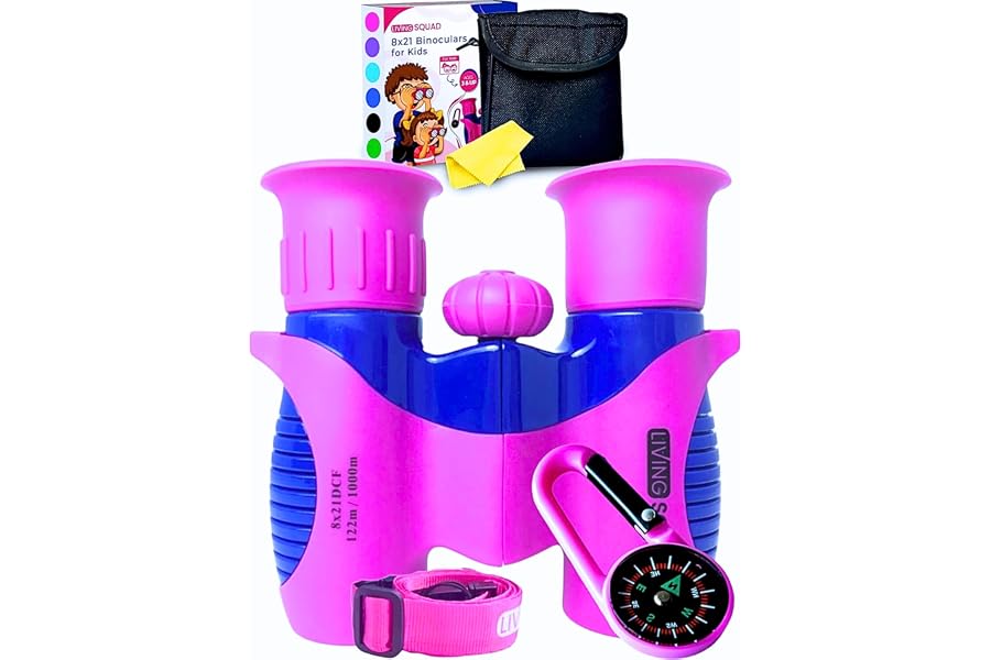 Kids Binoculars Pink 8x21 Shockproof Girls Ages 3-12 with Case Neck Strap Compass Carabiner | High Resolution Optics for Bird Watching Camping Hiking Spy Play | Birthday Gift for Girls