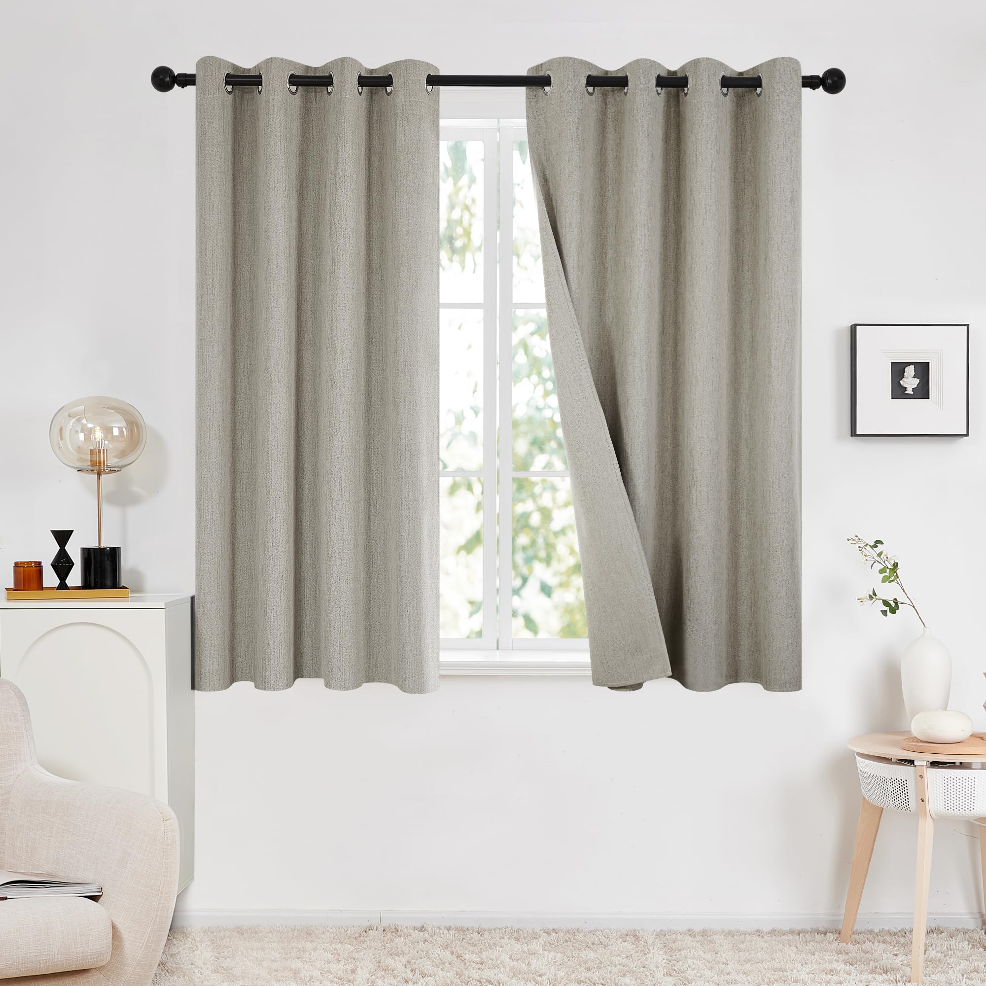 Deconovo Total Blackout Curtains with Double-sided Faux Linen Eyelet Thermal Insulated Curtains for Girls Bedroom 66x54 Inch(Width x Length), Linen Grey, 2 Panels