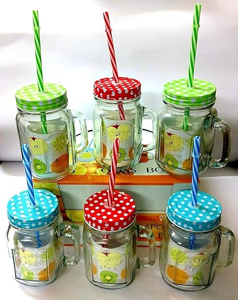 Shopkooky Colored Lid Mason Jars (480ml) with Handle and Straw for Drinking Coffee, Milk, Shake etc Return Gifts for Kids Birthday in Bulk