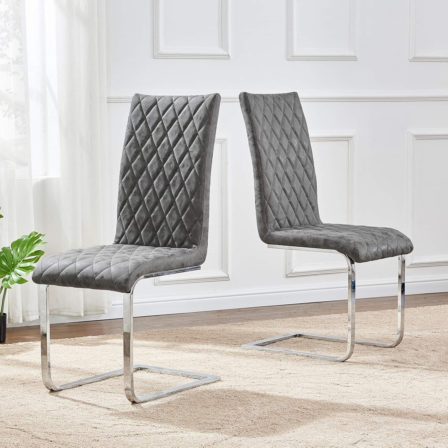 GIZZA Distressed Finish Charcoal Leather Dining Chairs with Solid Chrome Steel Base Modern