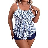 B2prity Women Plus Size Tankini Swimsuits Tummy Control Two Piece Bathing Suit Flounce Ruffled Swimwear with Shorts Blue,White