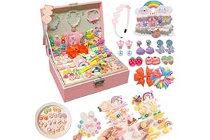 SEUNKIEER Hair Accessories Set with Jewelry Box for Girls, Hair Clips/Barrettes/Hair Ties/Bows/Toy Rings/Bracelets/Earrings/Hair Ropes/Hair Elastics, Gift Toys for Teen, Girls aged 4 5 6 7 8-12
