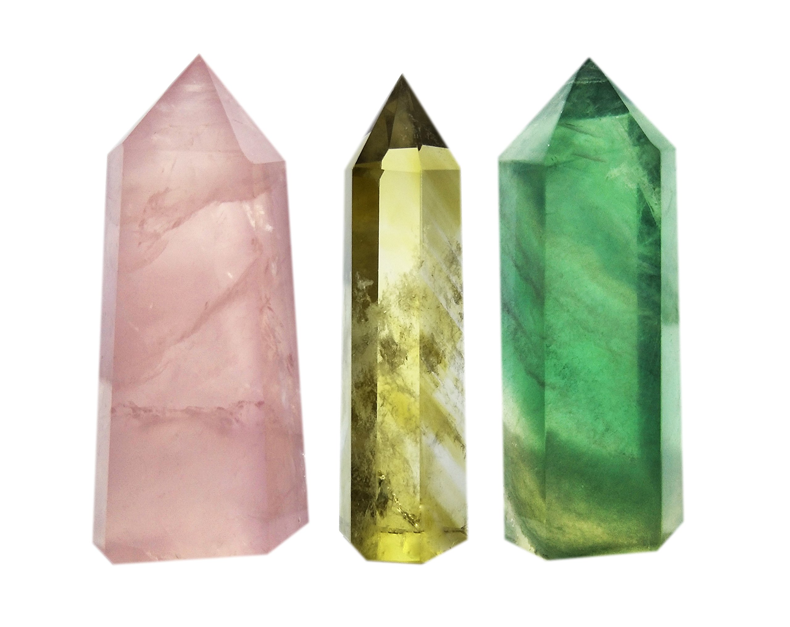 3-Piece Crystal Wands of Rose Quartz, Yellow Quartz & Fluorite Stone,Pointed & Faceted for Healing Reiki Chakra Meditation Therapy Decor