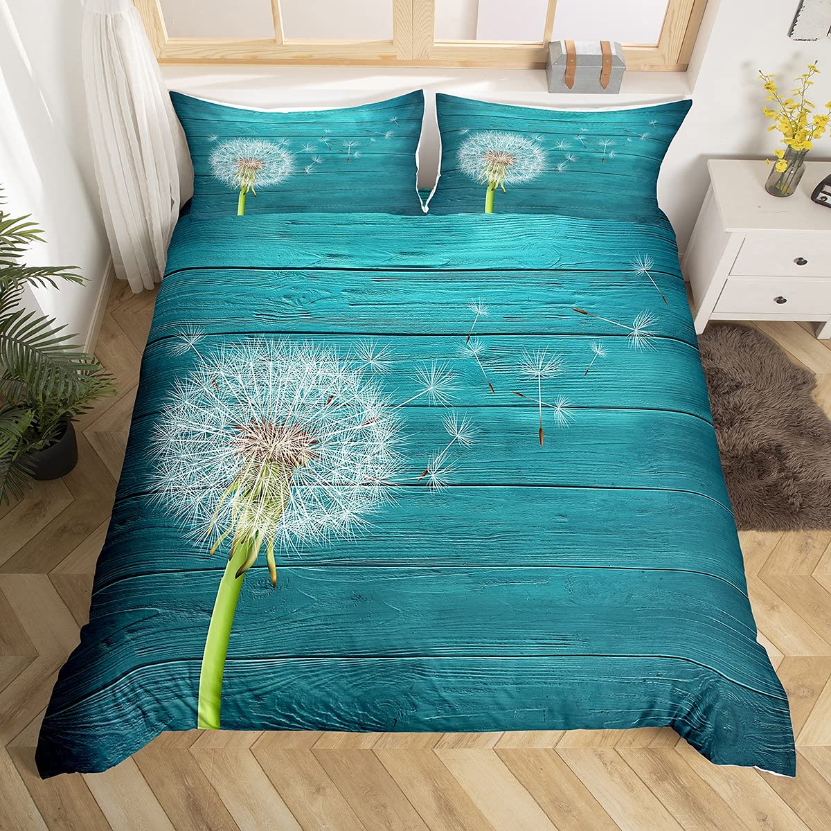 Dandelion Comforter Cover Set Botanical Floral Bedding Set for Kids Boys Girls Teal Blue Wooden Girly Duvet Cover Set Blossom Flowers Quilt Cover 3Pcs King Size