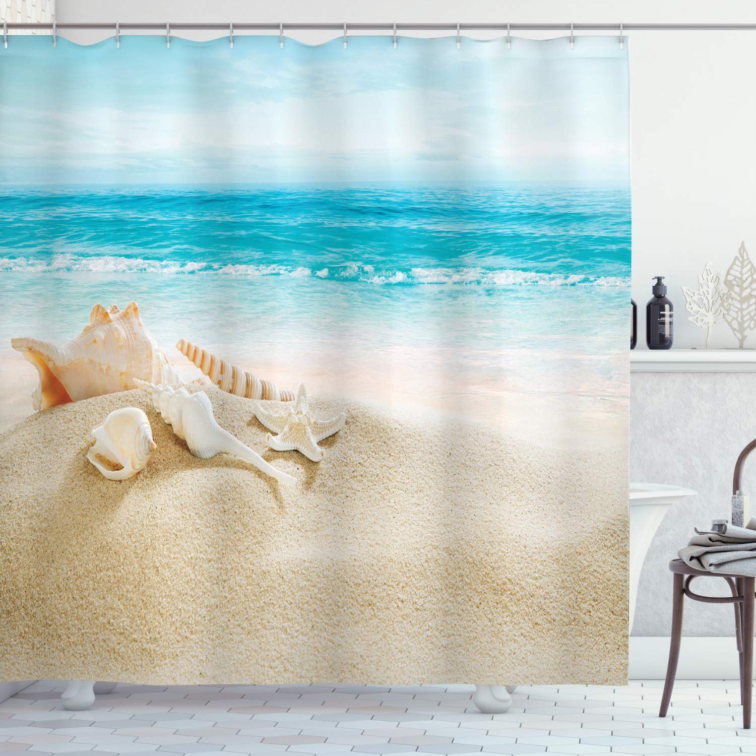 ABAKUHAUS Seashells Shower Curtain, Pastel Toned Beach Scene and Waves Summer Season Holiday Vacation Theme, Cloth Fabric Bathroom Decor Set with Hooks, 175 x 240 cm, Aqua Beige — image 1