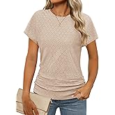 Cakrisyal Womens Summer Ruched Tops Eyelet Cap Short Sleeve Tshirts Crew Neck Casual Basic Blouse Fashion 2025 Trendy