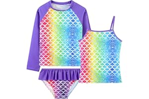DAXIANG Girls 3 Pieces Rash Guard Bathing Suit Sets Long Sleeve Swim Shirt Ruffle Butts Swim for Toddler Girls 3-12 Years