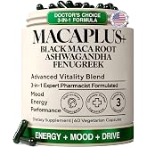 Maca Root Capsules for Men &amp; Women, Organic Black Maca 40:1 Extract, 60ct | Energy, Stamina, Mood, Drive, Endurance &amp; Hormone Balance Support, 1500mg Black Maca Peruana, Ashwagandha &amp; Fenugreek