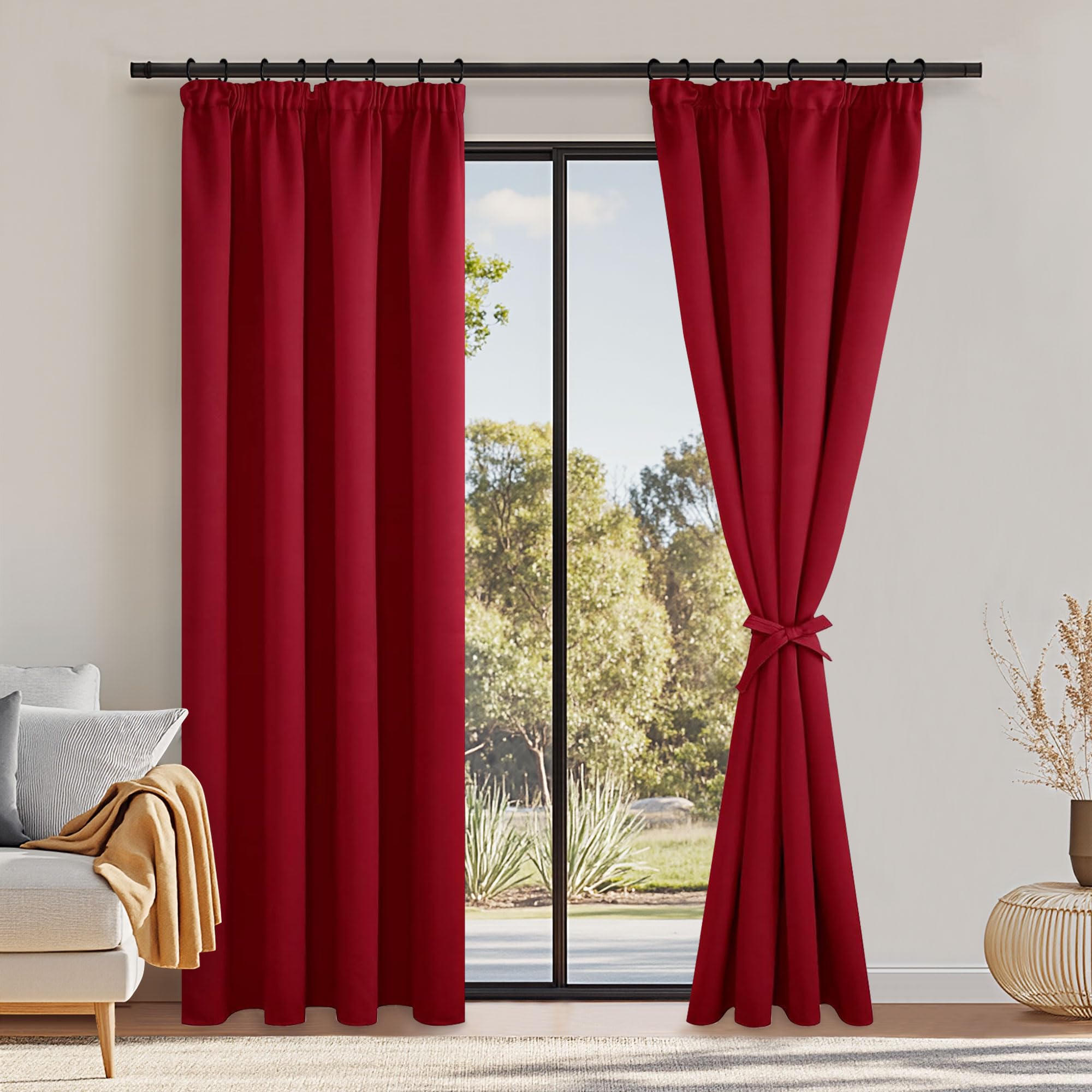 DWCN Blackout Curtains with Tiebacks for Bedroom Thermal Insulated Room Darkening Pencil Pleat Window Curtains for Living Room 46 x 90 inch Length, Red, 2 Panels