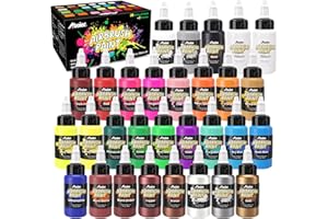 ABEIER Airbrush Paint, 28 Colors x 1oz (30ml) with 2 Thinner, Ready to Spray, Non-Toxic, Water-Based Acrylic Airbrush Paint Set for Metal, Models