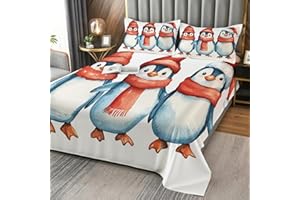 Zoainuos Penguin Sheets Queen Size Bed Set, Cute Penguin Sheet Sets, Soft Microfiber Deep Pocket Wrinkle Free Bedding Sheets 