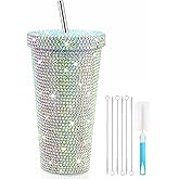 Rhinestone Tumbler,Glitter Tumbler with 6 Pcs Straw Brushes 1 Pcs Cup Brush,Rhinestone Water Bottle with Straw Lid,Stainless Steel Double Wall Vacuum Thermal Bling Cup for Women