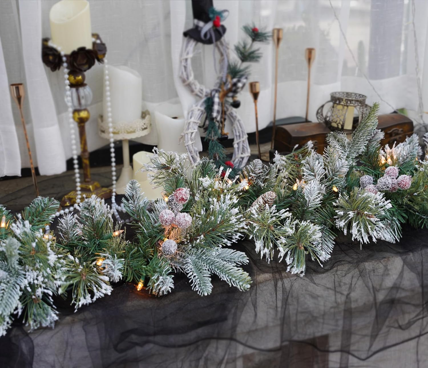 Wreaths, Garlands & Swags - CRSMATTS Pre-Lit Artificial Christmas Garland, Snowy Garland, White Lights 50, Decorated with Pine Cones, Berry Clusters,Pine Needle,Plug in, Christmas Decorations, 6 Feet